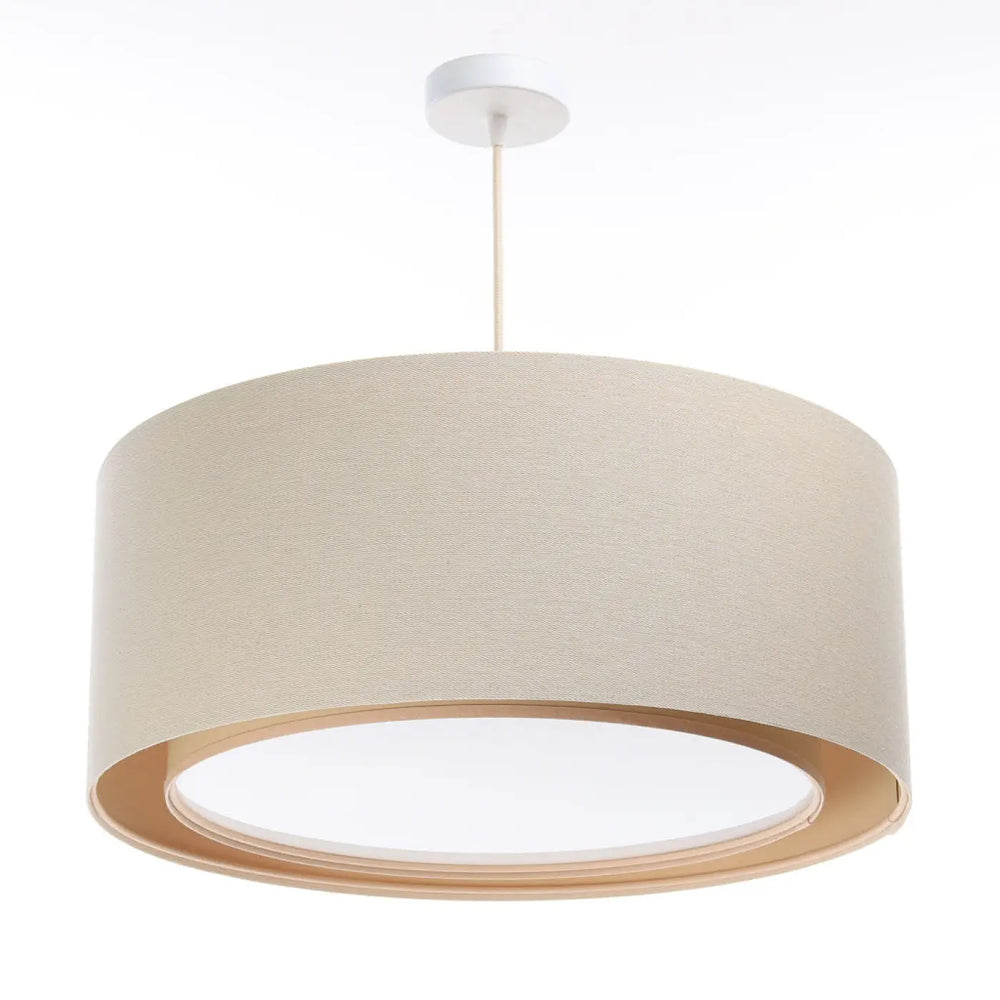 Suspension luminaire crème beige cylindrique avec abat-jour en tissu tressé et bord en bois ton chaud