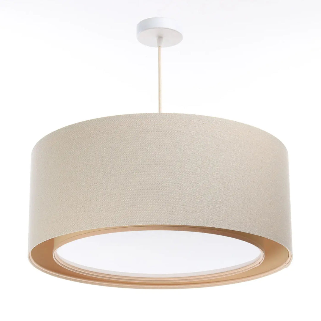 Suspension luminaire crème beige cylindrique avec abat-jour en tissu tressé et bord en bois ton chaud