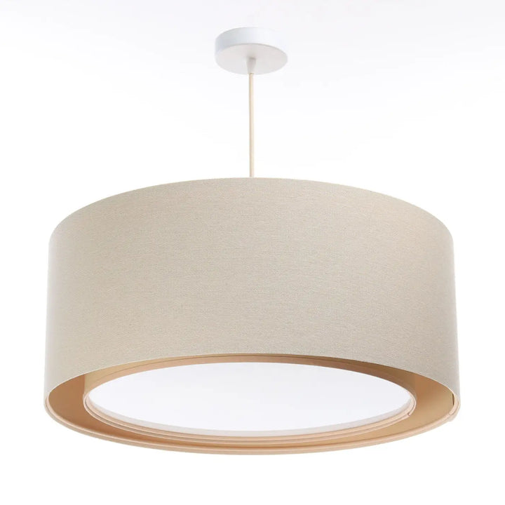 Suspension luminaire crème beige cylindrique avec abat-jour en tissu tressé et bord en bois ton chaud