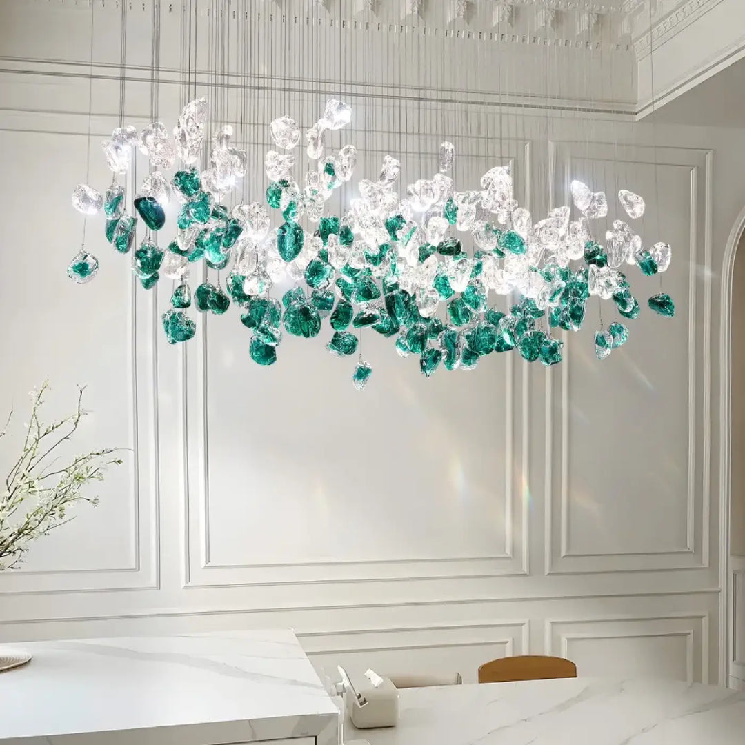 Suspension luminaire en cristal vert et transparent au style raffiné