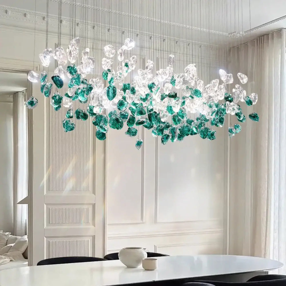 Suspension luminaire en cristal vert et transparent au style raffiné