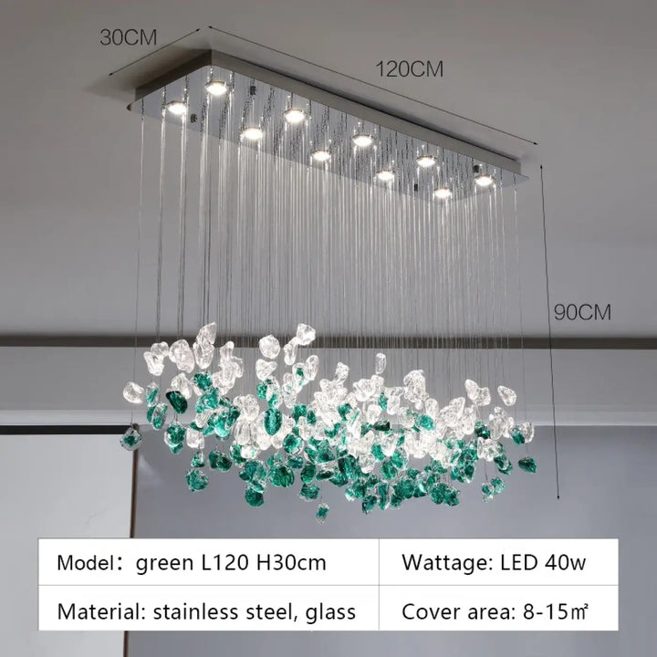 Suspension luminaire en cristal vert et transparent au style raffiné