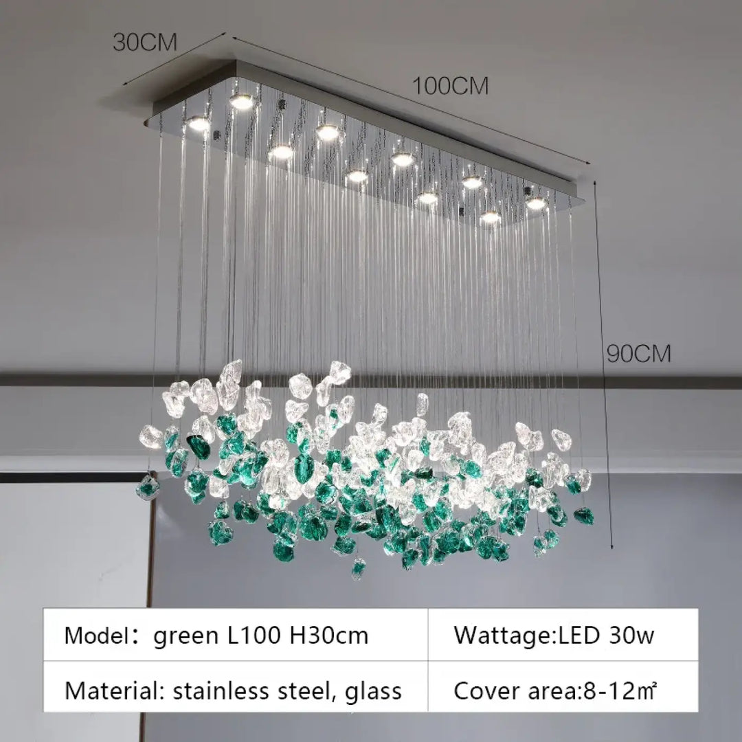 Suspension luminaire en cristal vert et transparent au style raffiné