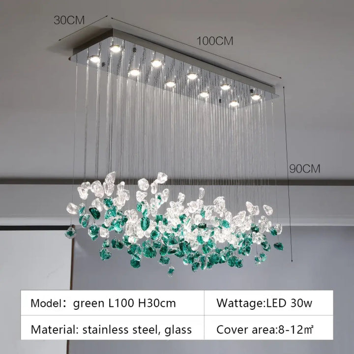 Suspension luminaire en cristal vert et transparent au style raffiné