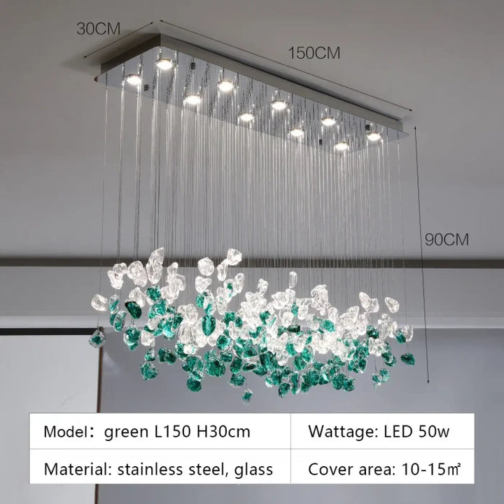 Suspension luminaire en cristal vert et transparent au style raffiné