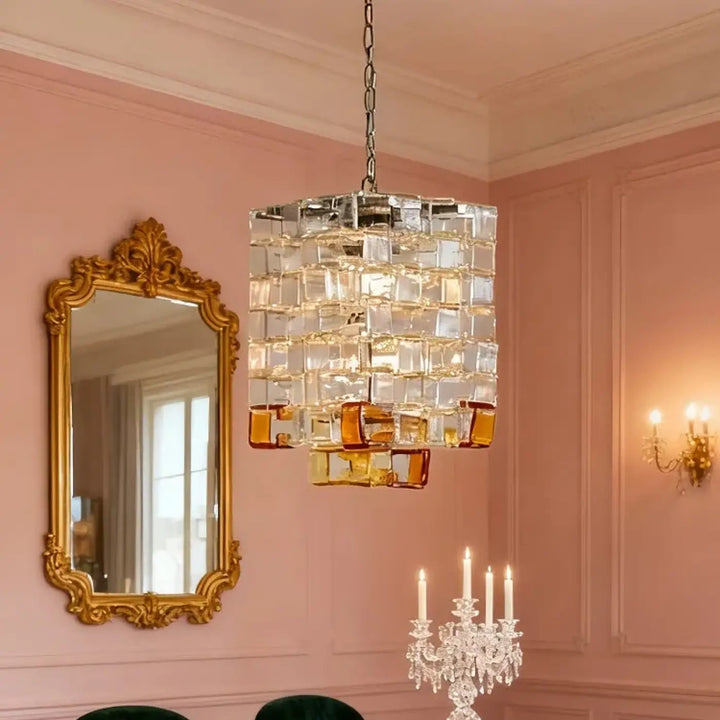 Suspension luminaire lumia avec design en cubes de verre clairs et ambrés suspendue par chaine métallique