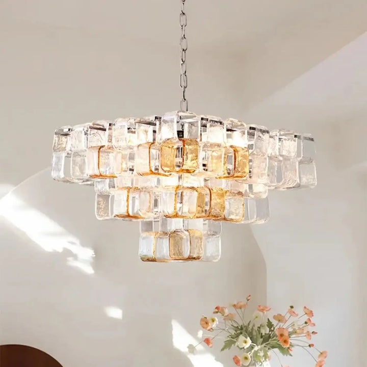 Suspension luminaire lumia en verre clair et ambré avec bloc cubique suspendu par chaîne métallique
