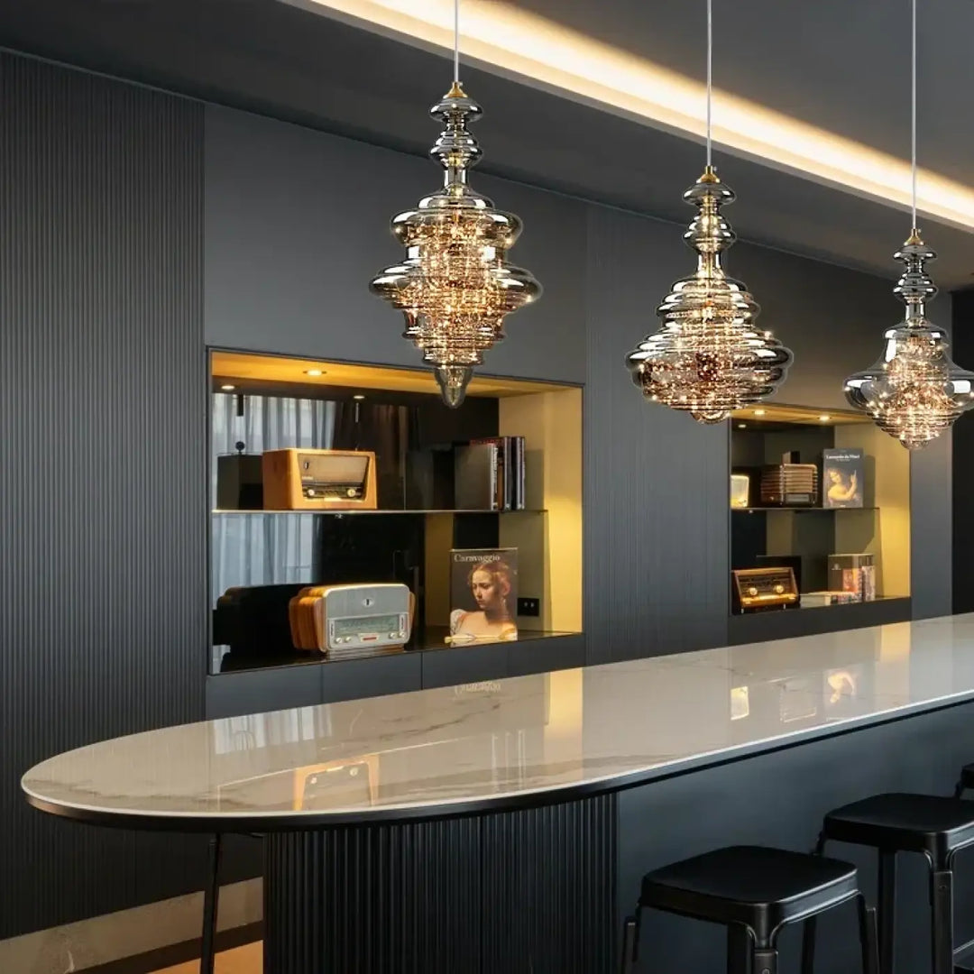 Suspension cuivre et verre moderne doré style contemporain