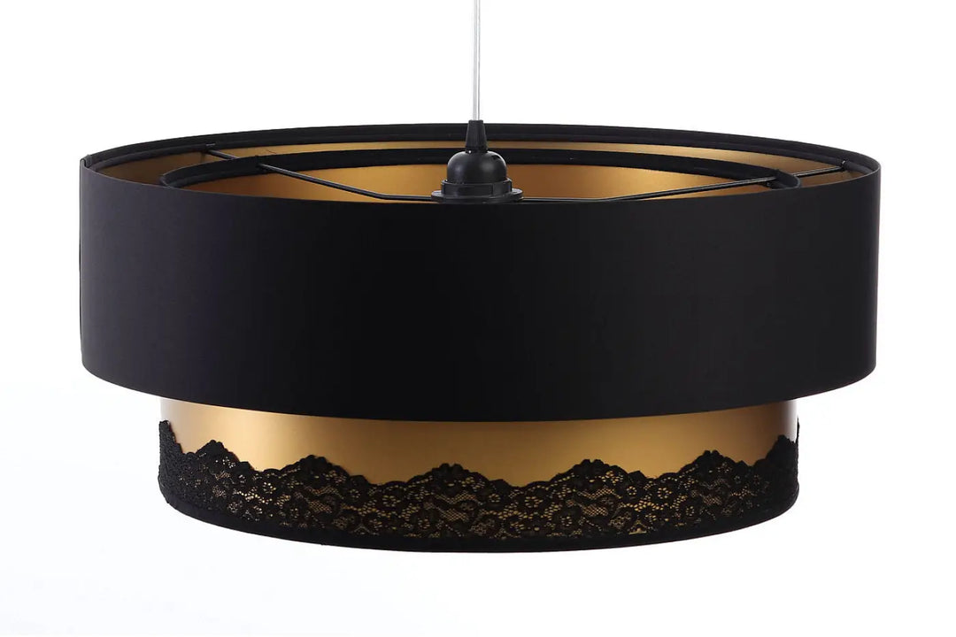 Suspension luminaire duo noire cylindrique avec finition dorée et délicate bordure en dentelle noire