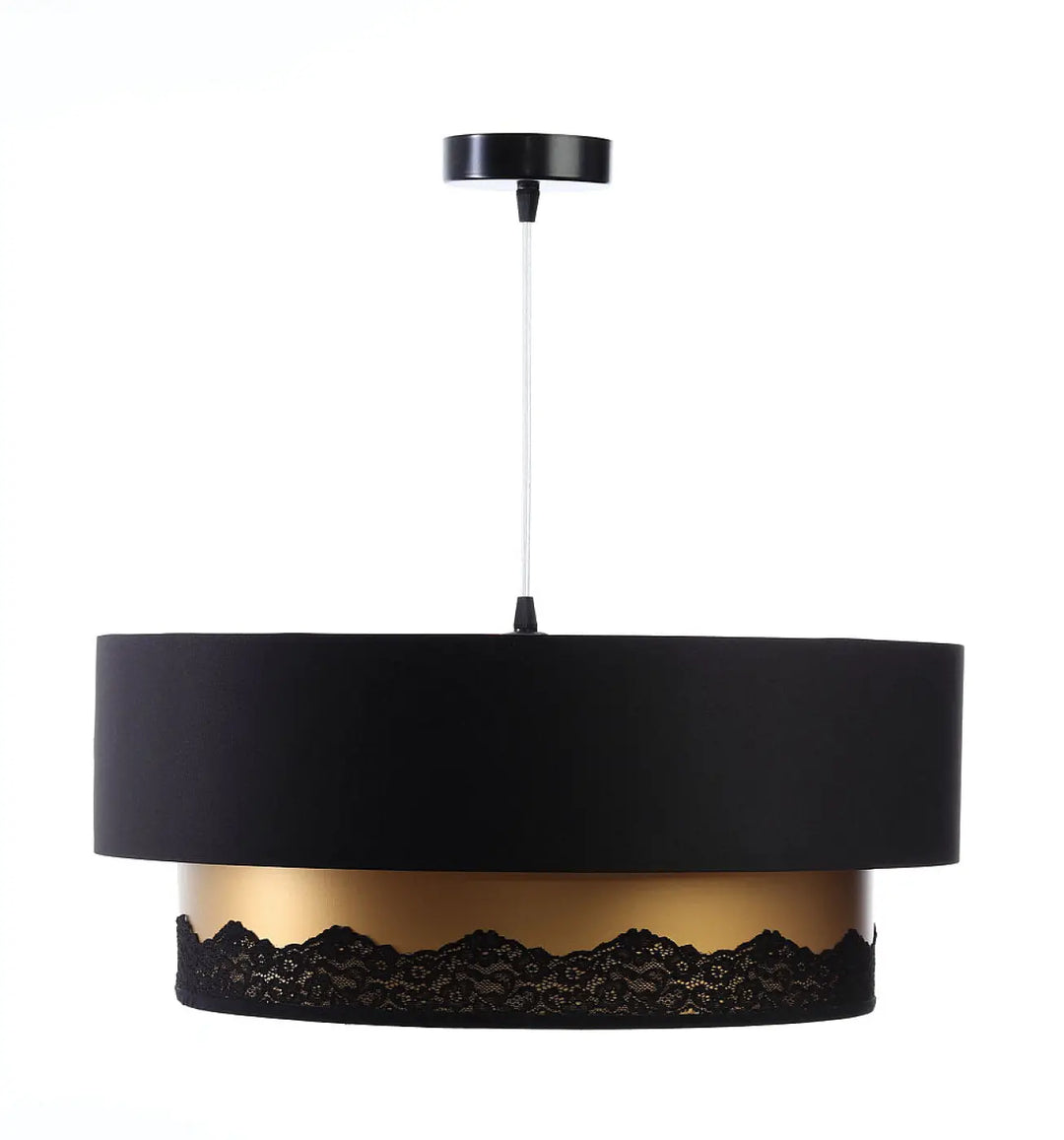 Suspension luminaire cylindrique noire avec bande métallique dorée et fine dentelle noire à la base suspension luminaire duo noir