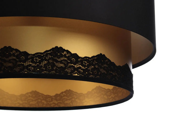 Suspension luminaire duo noire avec abat-jour en or et noir à volants avec bordure en dentelle noire délicate