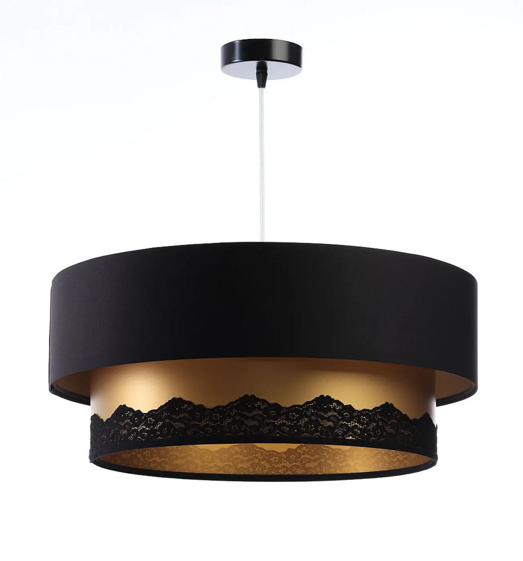 Suspension luminaire duo noire ornée de dentelle avec deux niveaux en noir et or pour éclairage élégant