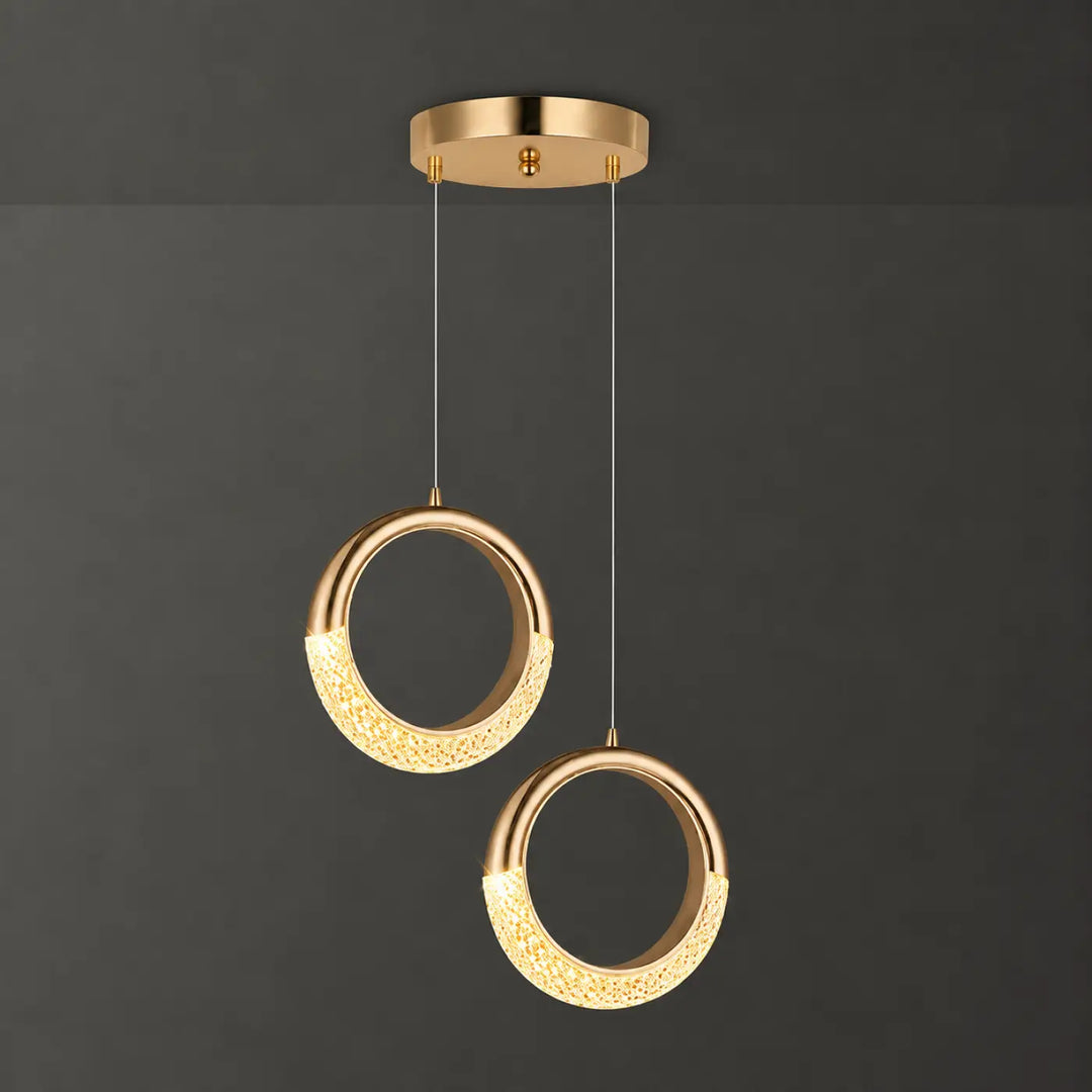 Suspension luminaire aluna avec pendentifs circulaires dorés texturés à surfaces intérieures lumineuses pour luminaire décorative