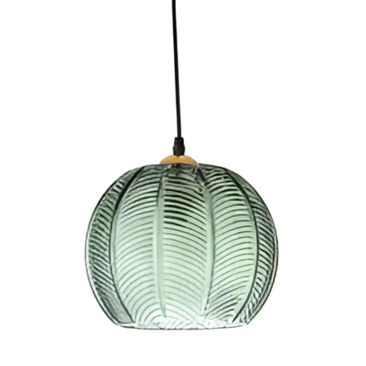 Suspension luminaire azuria en verre texturé vert translucide avec motif nervuré et fixation métal couleur laiton