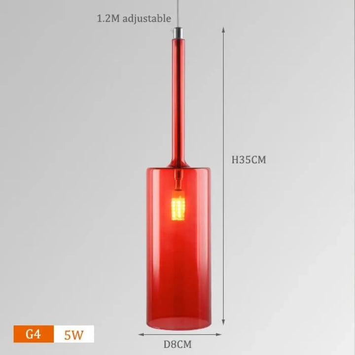Suspension luminaire design cylis en verre rouge cylindrique avec tige réglable 1,2 m et douille g4, présence décorative