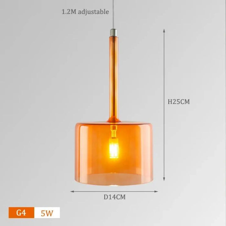 Suspension luminaire design cylis en verre orange cylindrique avec tige réglable de 1,2 m et ampoule g4 apporte une présence décorative
