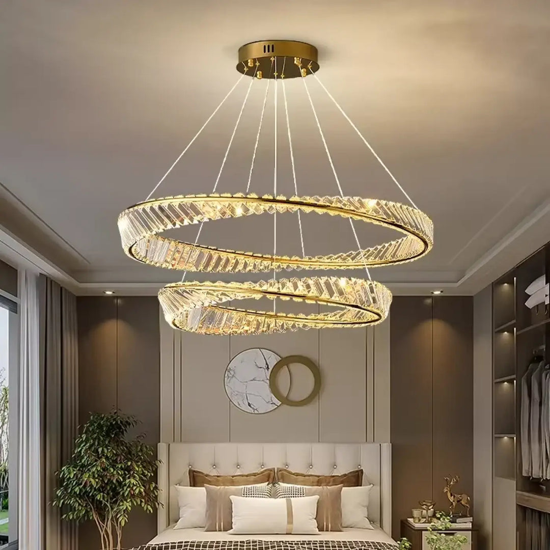 Suspension luminaire glinta double anneau doré avec accents en cristal et éclairage led pour ring ceiling light