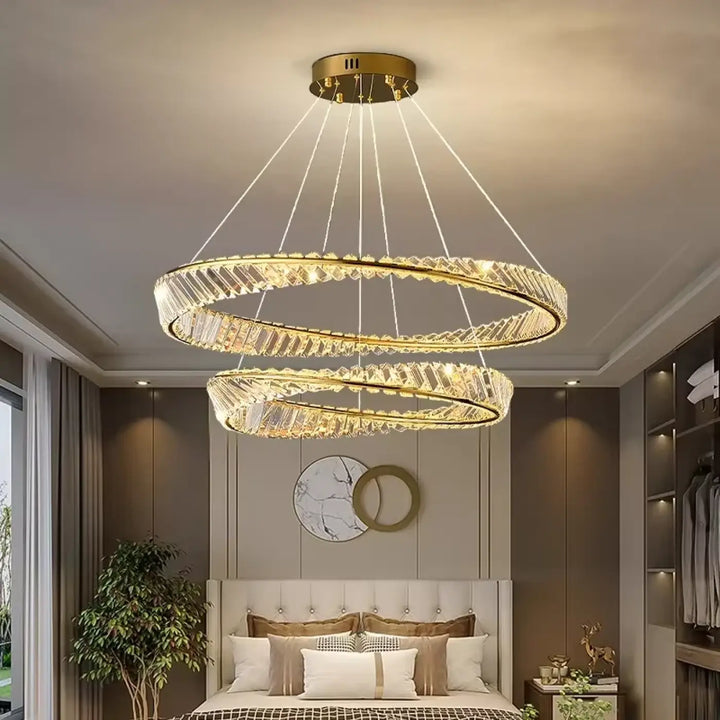 Suspension luminaire glinta double anneau doré avec accents en cristal et éclairage led pour ring ceiling light