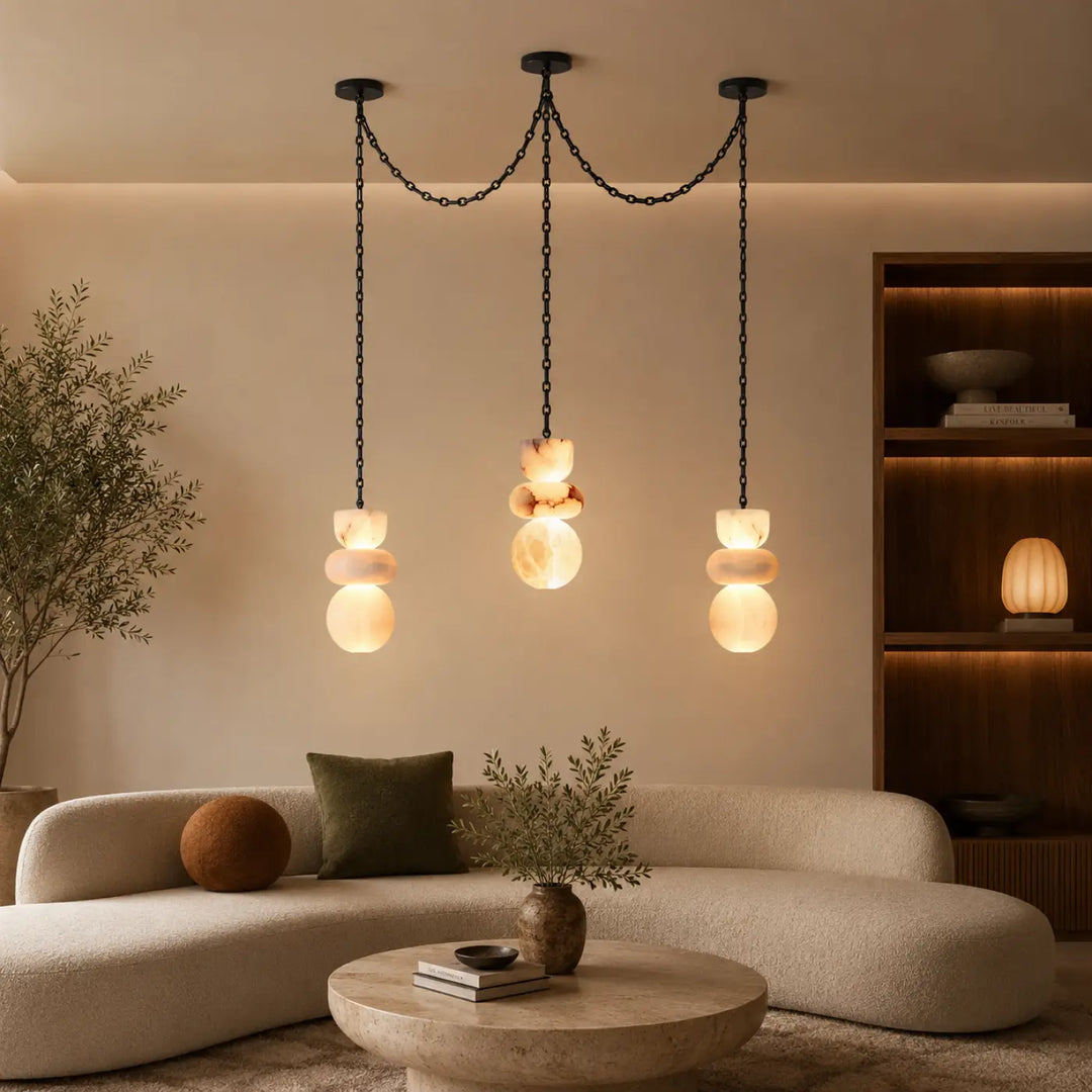 Suspension luminaire batta avec ampoules en verre ambré translucide empilées et chaîne noire intensité variable led lustre