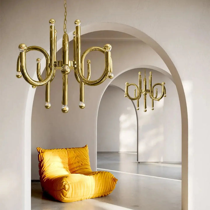 Suspension luminaire mercyl en laiton doré avec bras courbés et accents sphériques en acier inoxydable 90-260v