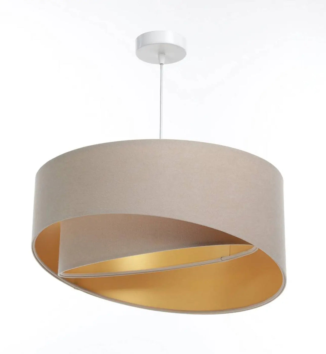 Suspension luminaire beige galaxy auric avec abat-jour en tissu et intérieur doré suspendue par cordon blanc