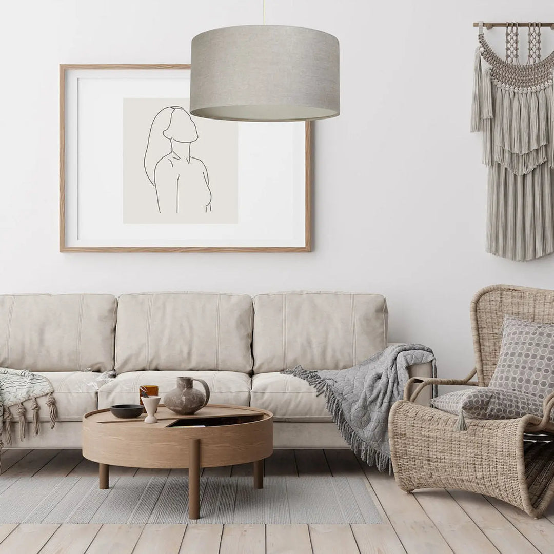 Canapé en cuir beige au design minimaliste avec finition en suspension luminaire boho linen design beige