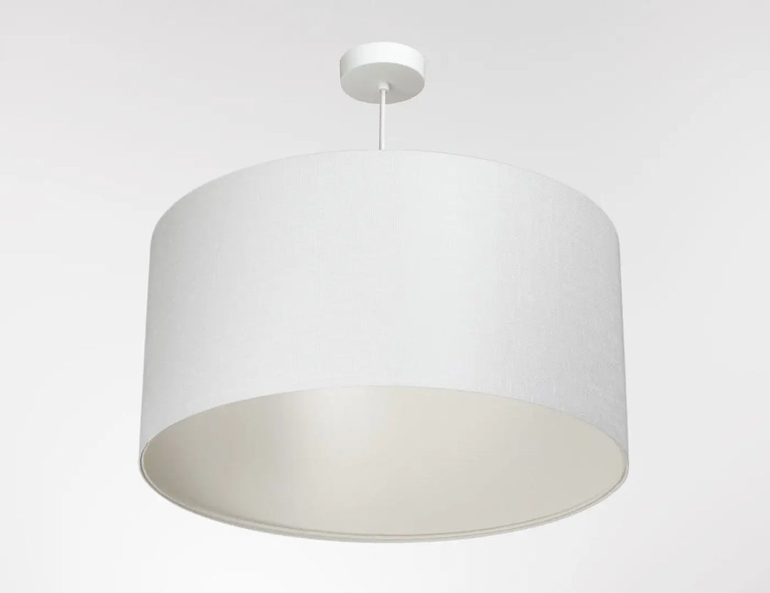 Suspension luminaire blanc crème cylindrique en tissu mat avec fixation plafond assortie modèle boho linen