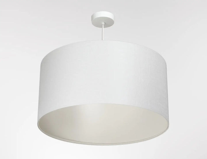 Suspension luminaire blanc crème cylindrique en tissu mat avec fixation plafond assortie modèle boho linen