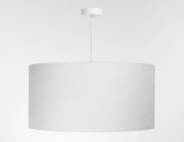 Suspension luminaire blanc crème cylindrique en tissu lin bohème avec fixation plafond assortie