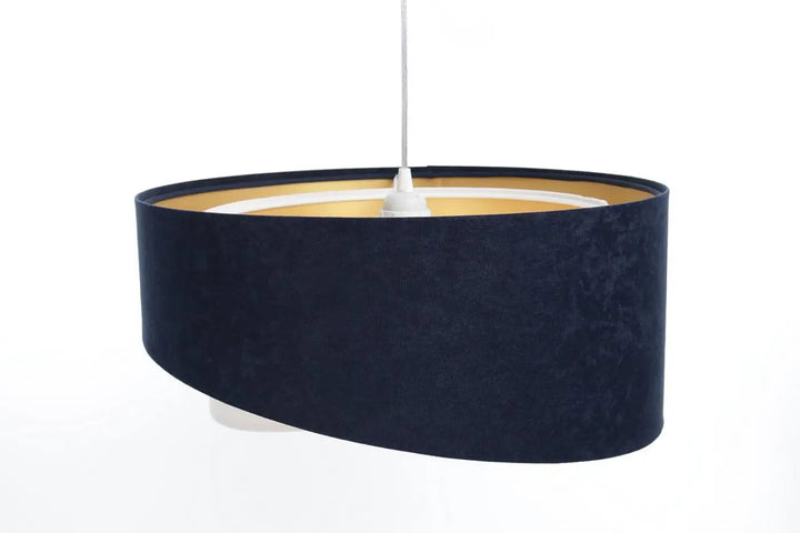 Suspension luminaire bleu marine en velours avec intérieur doré et cordon blanc design bleu marine élégant