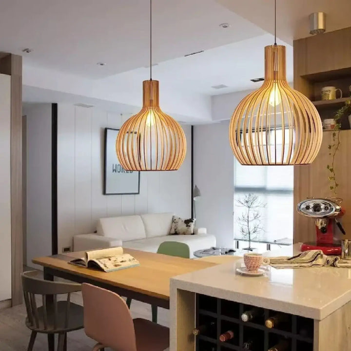 Suspension luminaire fos cah en bois aux lignes tissées chaudes suspendue au plafond