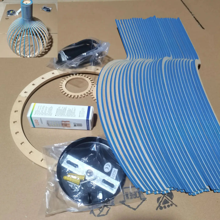Suspension luminaire fosca blue and white striped wooden lampshade assembly kit bois aux lignes design