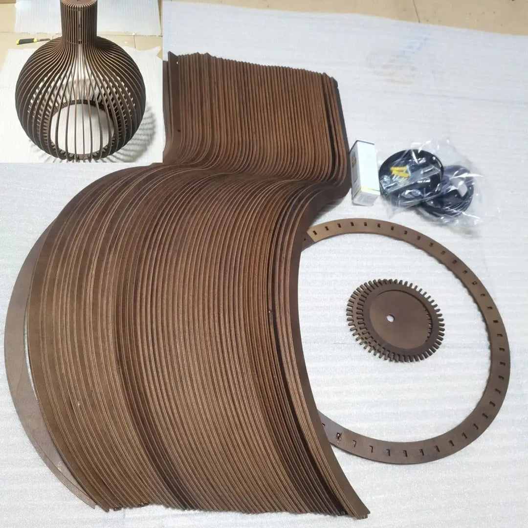 Brown wooden slats suspension luminaire design with layered radial bois aux lignes for fosca suspension luminaire