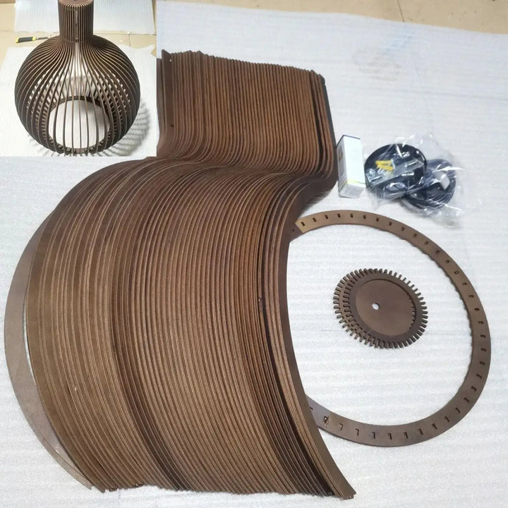 Brown wooden slats suspension luminaire design with layered radial bois aux lignes for fosca suspension luminaire
