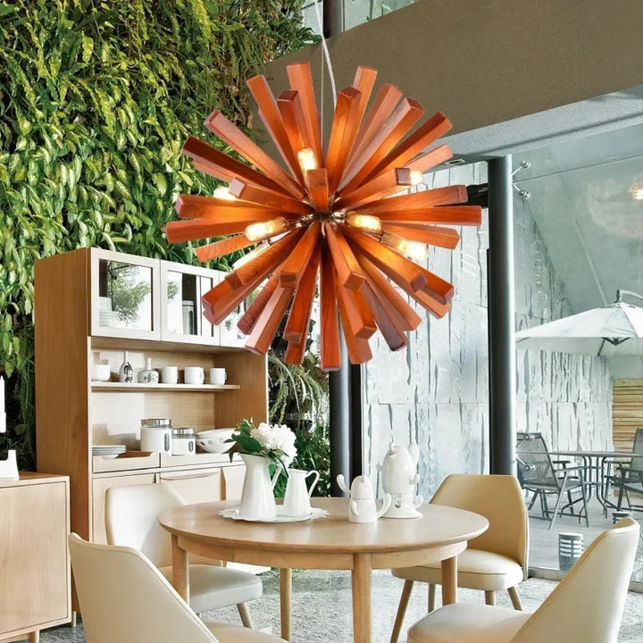 Suspension luminaire solaris en bois chaud avec design étoile rayonnante et lames radiantes pour un éclairage élégant