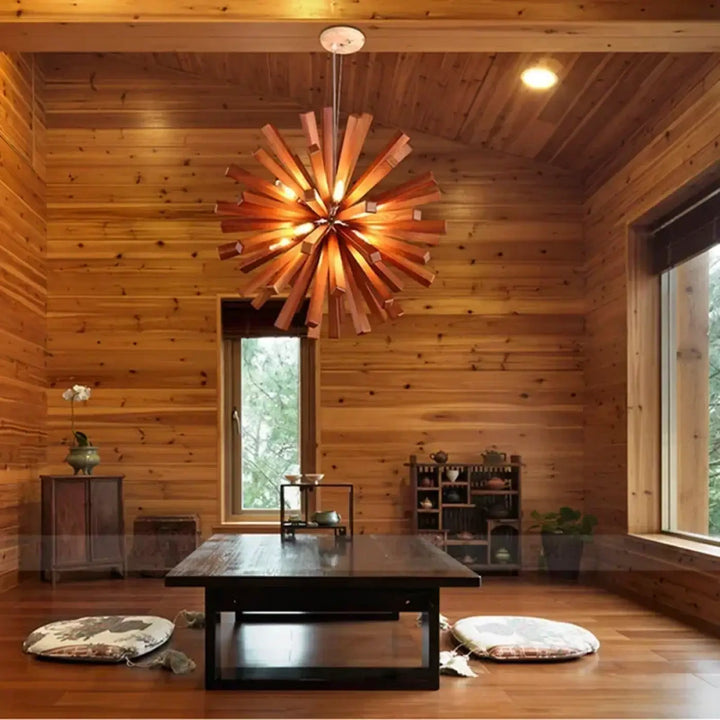 Suspension luminaire solaris en bois chaleureux avec un design étoile rayonnante en slats pour un luminaire design suspendu