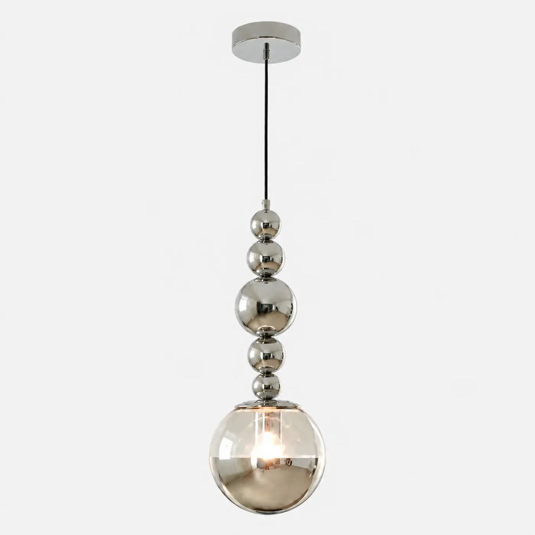 Suspension luminaire venusia chrome avec perles sphériques réfléchissantes et globe en verre opalin clair moderne