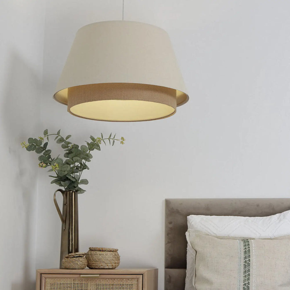 Suspension luminaire sensei crème design double abat-jour tissu beige et tan à deux niveaux