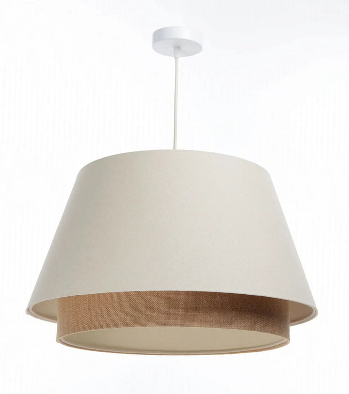 Suspension luminaire sensei design crème avec double abat-jour en tissu crème et bande en toile de jute naturel