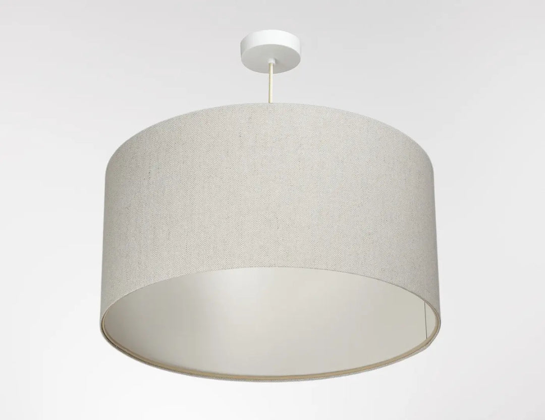 Suspension luminaire design avec abat-jour cylindrique en lin crème beige et fixation plafond blanche