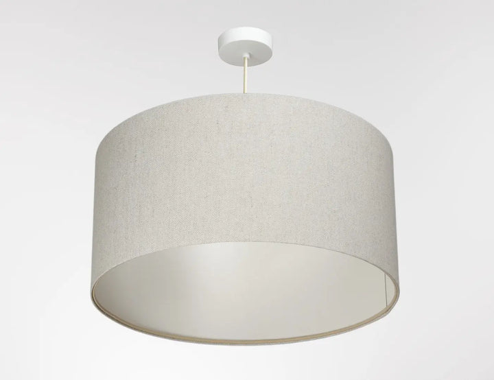 Suspension luminaire design avec abat-jour cylindrique en lin crème beige et fixation plafond blanche