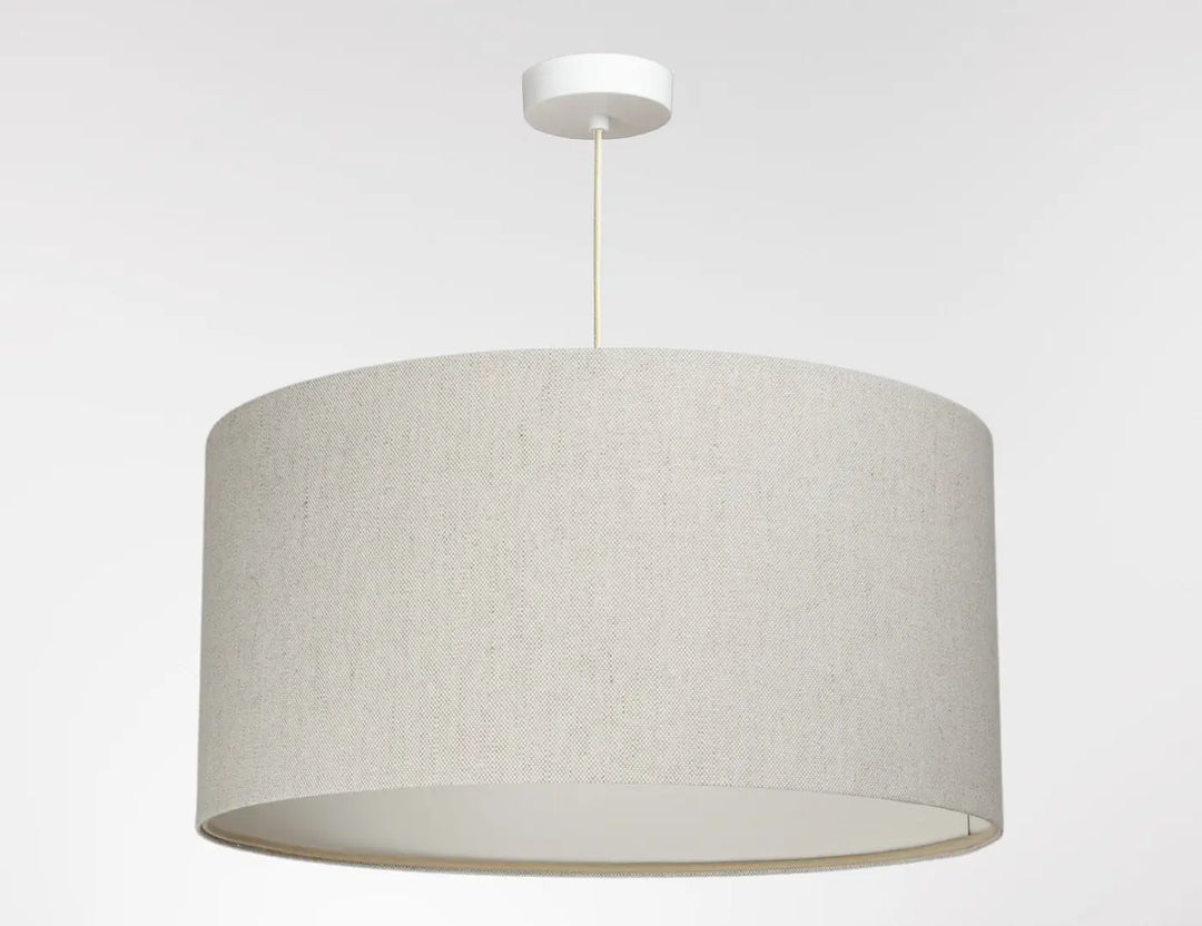 Suspension luminaire beige cylindrique en tissu lin crème avec support plafond blanc design luminaire boho
