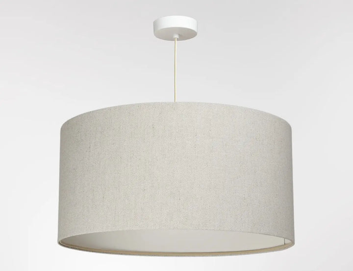 Suspension luminaire beige cylindrique en tissu lin crème avec support plafond blanc design luminaire boho