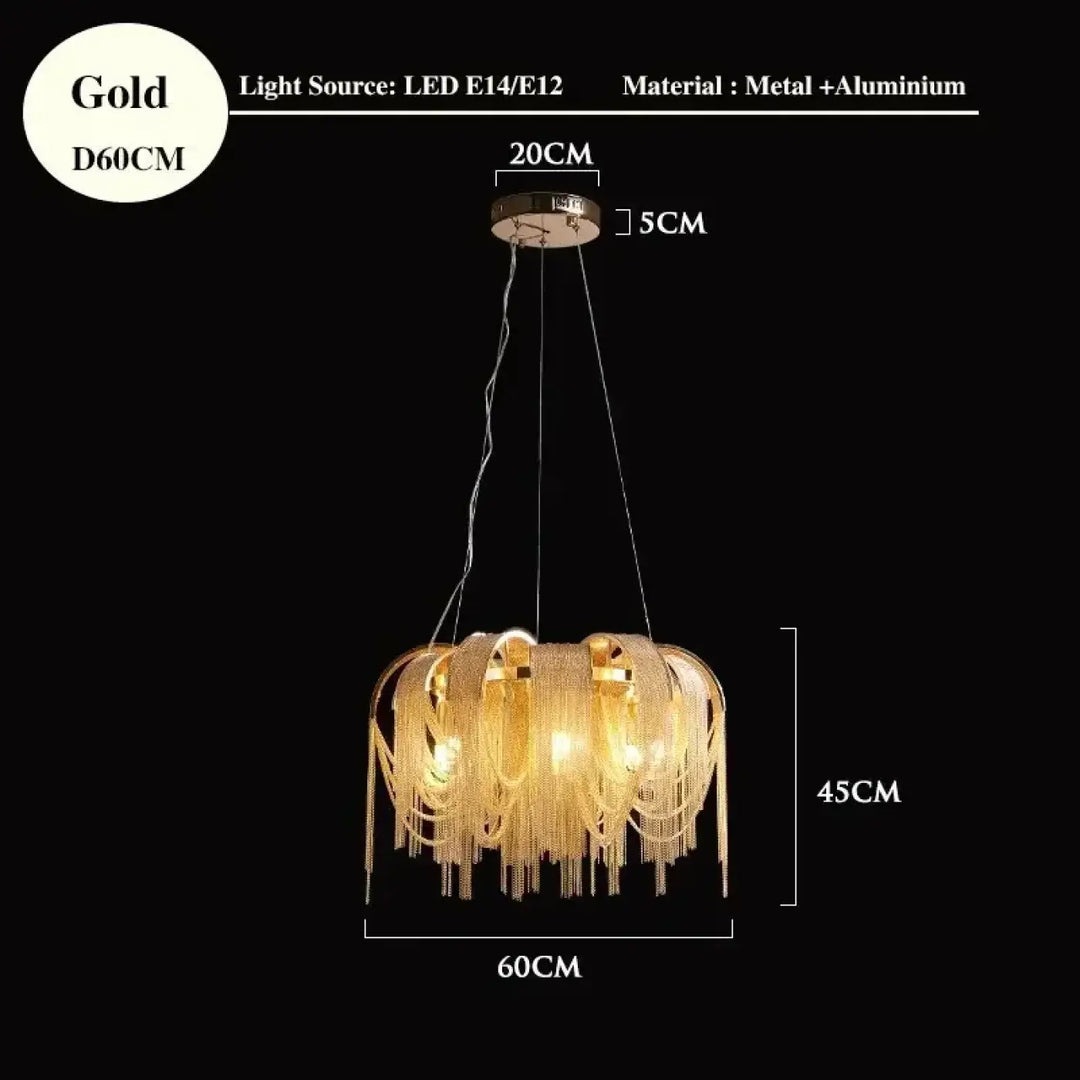 Suspension luminaire design dorée à chaînes lumineuses