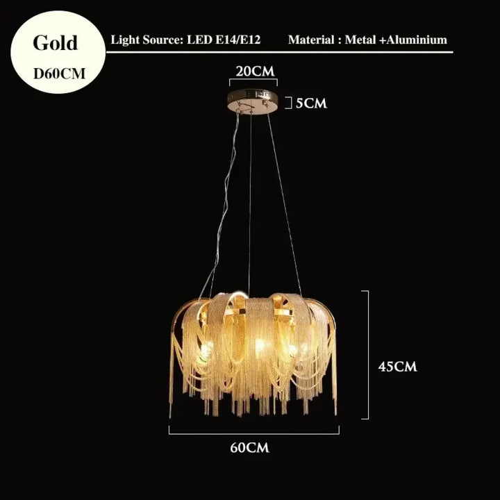 Suspension luminaire design dorée à chaînes lumineuses