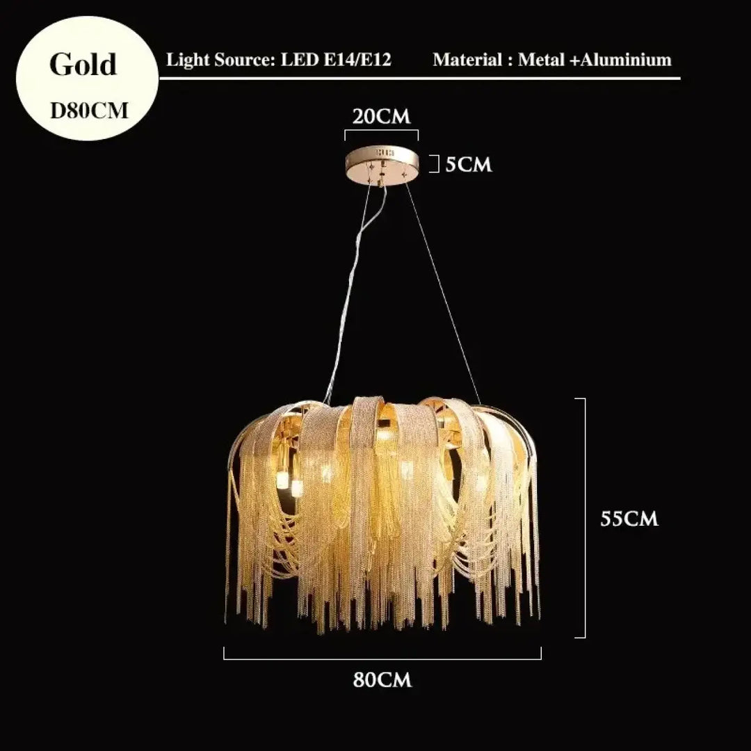 Suspension luminaire design dorée à chaînes lumineuses