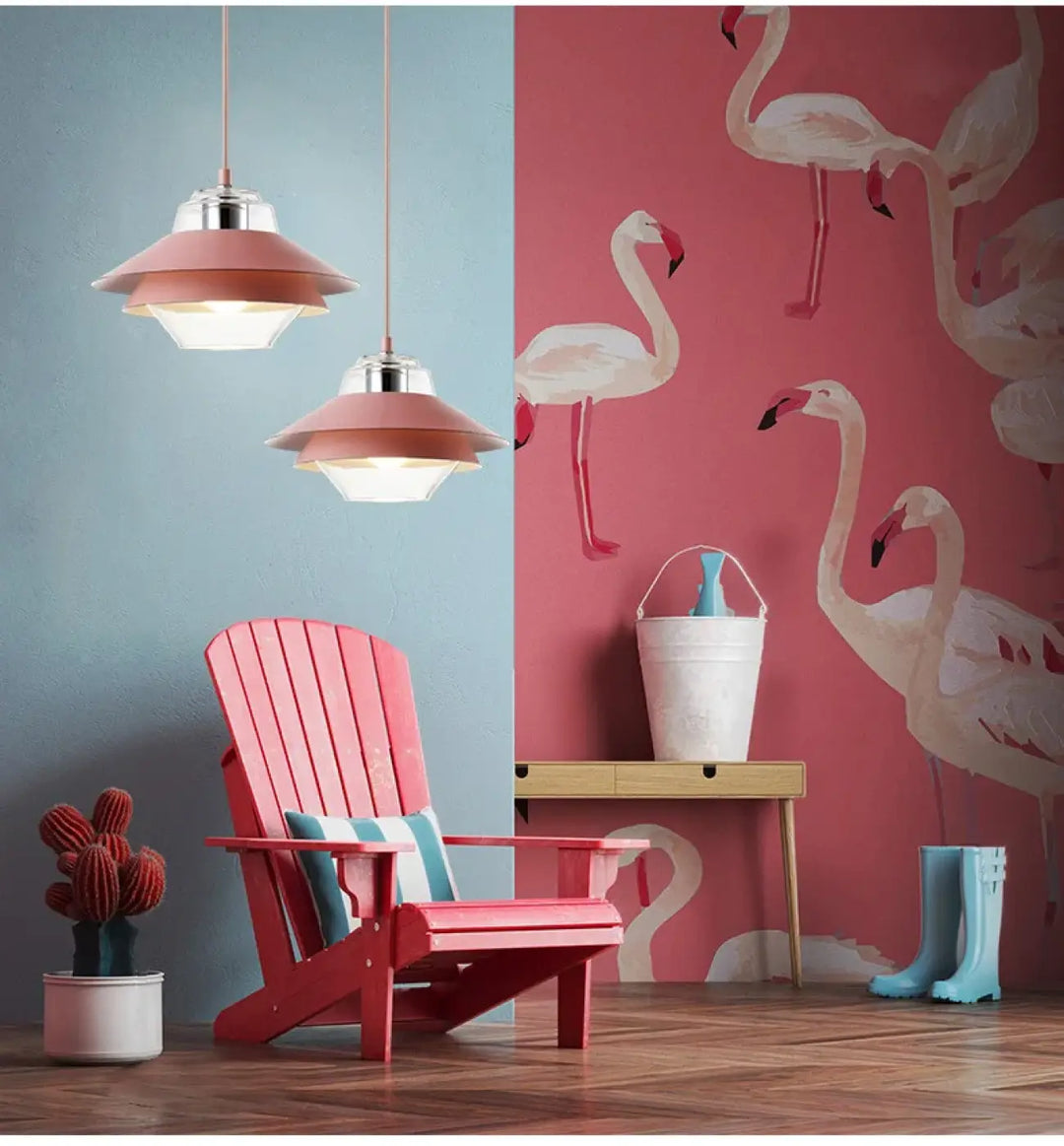 Suspension luminaire ariella design avec chaise adirondack rose et coussins rayés pour décoration intérieure moderne