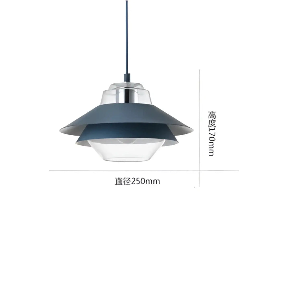 Suspension luminaire Ariella avec design superposé en verre translucide et abat-jour métal bleu mat pour décoration intérieure