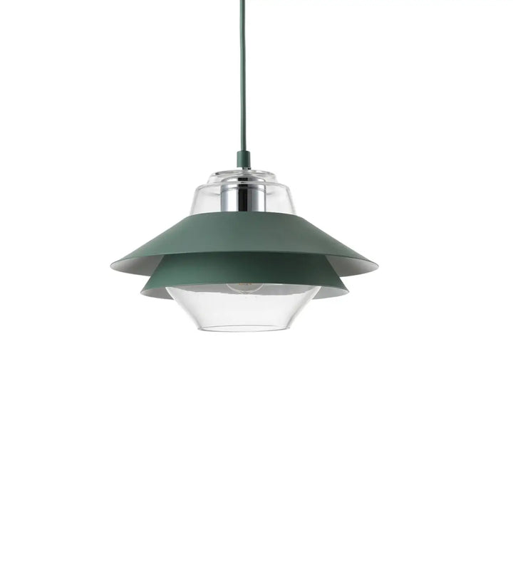 Suspension luminaire ariella avec abat-jour vert mat en métal superposé et éléments en verre clair pour décoration intérieure moderne
