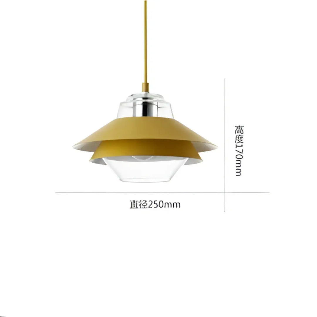 Suspension luminaire ariella jaune à étages avec accents en verre clair et tige de suspension finition or pour décoration intérieure